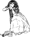 An illustration of a girl sitting in a chair resting against the back with a doll laying at her feet.
