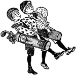 An illustration of two boys with golf bags over their shoulders.
