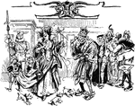 An illustration of a queen and king surrounded by a group of people and dogs running around their feet.