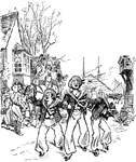 An illustration of three sailors singing and walking down a street.