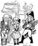 An illustration of a ship captain standing next to an old man and a young girl in shackles.