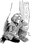 An illustration of a young boy sitting in a window seat and looking out a window.