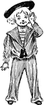An illustration of a boy in a sailor suit waving.