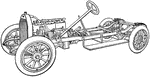 "Completed chassis with radiator added. The water which keeps the engine from getting too hot is pumped around the cylinders and then through the radiator. The wind blows through the little openings in the radiator, and cools off the water. Then the water is pumped around the cylinders again." -Bodmer, 1917