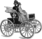 A man and woman drive an Electric Motor Phaeton, a carriage with an electrical motor.