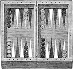 "Backgammon, a game played by two persons upon a table or board made for the purpose, with pieces or men, dice-boxes, and dice. The table is in two parts, on which are twenty-four black and white spaces called points. Each player has fifteen men of different colors for the purpose of distinction. The movements of the men are made in accordance with the numbers turned up by the dice. It is said to have been invented in the tenth century." -Vaughan, 1906