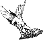 An illustration of an elf sitting on a leaf while it floats in the air.