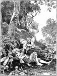 An illustration of a fairy tickling a young boy sleeping in the forest underneath a tree.