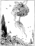 An illustration of a fairy and a young girl sitting in a tree and is uprooted and flying in the air.