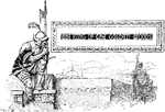 A pictorial banner illustrated with a guard leaning on a ledge looking over the city.