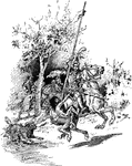 An illustration of a knight riding a horse and holding a javelin with a child holding onto the horse and knight.