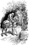 An illustration of an elderly man sitting of a horse and another man helping steady him.