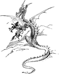 An illustration of a dragon holding a knight and a horse in his claw.