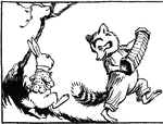 An illustration of a raccoon playing an accordion and a rabbit dancing.
