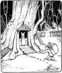 An illustration of a mouse postman delivering mail to a house in a tree.