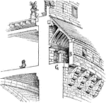A machicolation is a floor opening between the supporting corbels of a battlement, through which stones could be dropped on attackers at the base of a defensive wall. The design was developed in the Middle Ages when the Norman crusaders returned. A machicolated battlement projects outwards from the supporting wall in order to facilitate this.