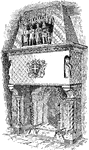An illustration of a large fireplace mantel with herald plaque in center and cravings of soldiers on top.