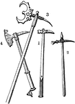 An illustration of four various axes: "1, Horseman's hammer of about the time of Edward IV; 2, Martel-de-fer, time of Henry VIII; 3, Martel-de-fer, time of Edward VI; 4, Martel-de-fer with hand-gun, time of Queen Elizabeth." -Century, 1889