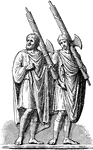 Lictors were guards of magistrates who carried fasces to show power to execute. Two men, one young, one older, stand side by side, each holding fasces. Fasces are axes bound to bundles of wooden rods. These lictors function as bodyguards. The men are wearing togas.