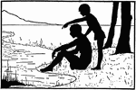 An illustration of a man sitting on the shore of a lake and a child standing behind him pointing into to the water.