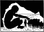 An illustration of a giant sitting in a cave playing with a herd of sheep.