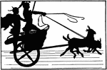 An illustration of two men standing in a chariot pulled by two small goats.