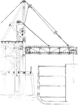 "General arrangement of Apron Conveyor for loading vessels, pans are 48 inches wide, 12 inches pitch, attached to chains working over sprockets at 24 fee centers. Capacity of conveyor is about 250 tons of coal per hour, material being received from a 42 inch M. & G. belt conveyor. The Apron Conveyor will work at any angle, the outer end being raised or lowered to suit vessel." -Meese, 1913