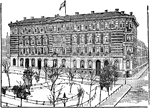 An illustration of a large four story hotel with a park across the street.