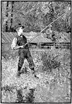 An illustration of a young boy standing on the shore of a lake fishing with a cane pole.