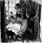 An illustration of a young girl sitting in in a ornately carved chair needle pointing.