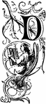 An illustration of a decorative letter D with an angel reading a book.