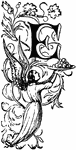 An illustration of a decorative letter E with an angel holding a plate with fruit on top.