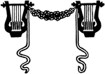An illustration of a harp and ribbon doodad.