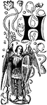 A decorative letter H illustrated with an angel holding a spear and shield.