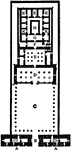 This is a plan of the Temple of Edfu in Egypt. This is an example of Egyptian&ndash;style architecture. The key shows the architectural features of the Pylon (A), entrance door (B), Great Court (C), Hall of Columns (D), Second Hall (E), Hall of the Altar (F), Hall of the Centre (G), Sanctuary (H), and storerooms (K).