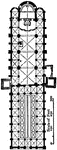 This is a plan of the church of San Ambrogio, Italy. This is an example of Italian Lombard Romanesque architecture. This church represents the &quot;earliest [example] of the solution of the great problem which was exercising the minds of the church builders towards the end of the 11th century, the vaulting of the nave.&quot; The scale is in feet.