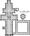 This is a plan of the Salisbury Cathedral, England. It is an example of English Gothic architecture. The scale is in feet. &quot;The square eastern termination, the less ambitious height, and the comparatively simple buttress&ndash;system, combine to give the English Gothic cathedral an air of great repose than is found in the magnificent triumphs of French Gothic art.&quot; The grouping &quot;of 'lancet' windows, the piercing of the wall above them with the foiled circles, and the combination of the whole under an enclosed arch, soon led to the introduction of tracery, for which the design of earlier triforium arcades had also afforded a suggestion.&quot;