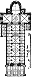 This is a plan of the Cathedral of Spires (Speyer), Germany. It is an example of Romanesque and Gothic architecture in Germany. The scale is in feet. Construction lasted from 1030 to 1061, and it was planned by Conrad II. In Germany and Italy up until this point in architecture open timber roofing or flat ceilings were being used, however this problem was &quot;solved in Germany, as well as in Italy, [with the] vaulting over the nave, and the cathedrals of Spires, Worms and Mainz are the three most important churches in which this was accomplished,&quot;