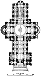 This is a plan of the St Paul's Cathedral in London, England. It is an example of English Renaissance architecture. The construction lasted from 1675 to 1710. Sir Christopher Wren designed the cathedral. "In plan, Wren's design was in accordance with the traditional arrangement of an English cathedral, with nave, north and south transepts and choir, in all the cases with side aisles together...Wren introduced a series of cupolas over the main arms of the cathedral, which enabled him to light with clerestory windows; these are not visible on the exterior, as they are masked by the upper storey which Wren carried round the whole structure, in order, probably, to give it greater height and importance." The scale is given in feet.