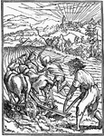 The Plowman is a print that was designed by German artist Hans Holbein in 1538. It is part of a series called the "Dance of Death". It shows a plowman plowing his fields while death is following his cattle.
