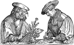 Albrecht Meyer on right sketches plants for the <I>De Historia Stirpium</I> published in 1542. Heinrich F&uuml;llmaurer, on left, transfers the drawings to wood blocks.
