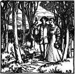 This print is part of a series of woodcuts called Art in the house that was designed by English artist Robert Bateman in 1876. It seems to depict a couple strolling in a wooded area. The woodcut is created by carving a wooden block to the desired design, and then rolling ink over the carved block for printing on paper.