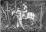 This drawing illustrated one of Hans Andersen's fairy tales. It was created by English illustrator Arthur Gaskin in 1893. It seems to depict a clergyman guiding a lady on a horse through the woods.