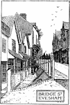 This is a pen drawing by artist Edmund New. It seems to illustrate people walking across a bridge in Evesham, England.