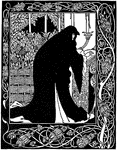 Morte D'Arthur is an illustration that was created by English illustrator Aubrey Beardsley. It depicts an Arthurian romance written by Sir Thomas Malory. This drawing seems to depict a woman wearing a black cape looking at a book.