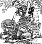 This is an illustration of the Fairy Queen by English artist Walter Crane in 1896. It is an English epic poem by Edmund Spenser. This illustration shows two soldiers fighting.