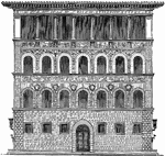"There exists, however, a few Florentine palaces of a smaller type, which externally present a more habitable appearance. In these rustic-work is not the all-important feature, but it is only employed for the quoins of the fa&ccedilade, though it sometimes extends to the whole of the ground-floor. The roof. which projects very considerably, and shows the wooden construction, is not in accordance with the rest of the architectural features of the fa&ccedil;ade, nor is it supported by a strong enough cornice. Sometimes the upper storey forms an open arcade (as shown here). The figures and embellishments in sgraffitto which are introduced in this fa&ccedil;ade are not a necessary feature in these Florentine palaces. This method of ornamentation is also met in exceptional instances in some of the Roman palaces."