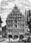 The Gewandhaus, or Cloth Hall, at Old Town Market in Brunswick originally served as a warehouse for a garment cutter. This image "shows an interesting and pleasing example of the German Renaissance."