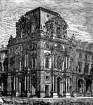 "The change from the pure to the later Renaissance, which was formerly seen only in individual instances, has now received a certain extension. This is mainly owing to the key-note struck in the New Louvre [shown here], begun by Visconti, but finished by another architect. Although it is true that the new building conforms in general to the architecture of the Old Louvre, yet still an increase rather than a decrease is to be perceived in the effort for picturesque effect, in the licence of the Roccoco style, and in an unstructural treatment of the individual forms and ornamental parts."