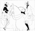 This is an illustration by English illustrator and author Aubrey Beardsley. It depicts two women on horses facing each other, dressed in equestrian outfits.